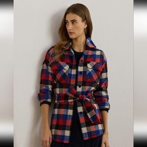 NWT Ralph Lauren Women's Buffalo Check Belted Twill Shirt Jacket Size XL